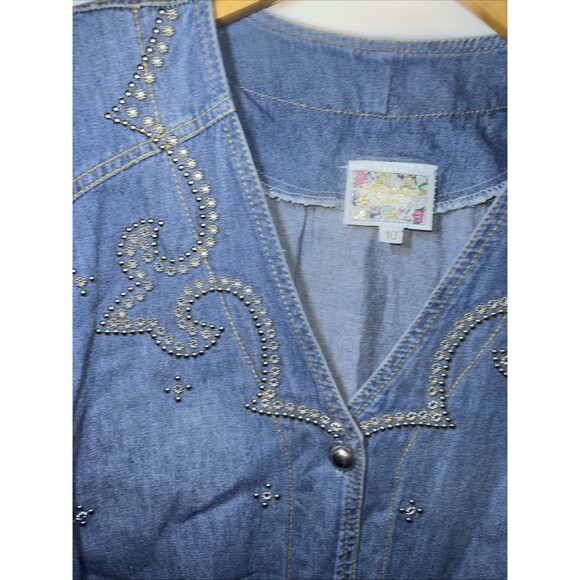 Monique Fashions Shirt Womens Vintage Sz 10 Blue Acid Wash Rhinestone Stud Mode - Picture 2 of 8